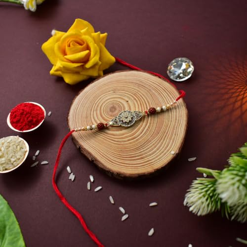 Image of DeoDap Designer Round Rudraksha Beads Rakhi for Brother, Choco Coated Almonds Chocolate 32gm, Pooja Coin, Roli Chawal & Card | Rakhi with Chocolate Combo for Raksha Bandhan