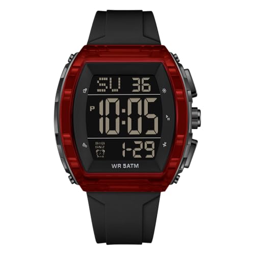 Orologio digitale da uomo, quadrato, impermeabile, sportivo, orologio da polso per uomo, alla moda, con grande numero, allarme LED, con cinturino in silicone, Nero e rosso