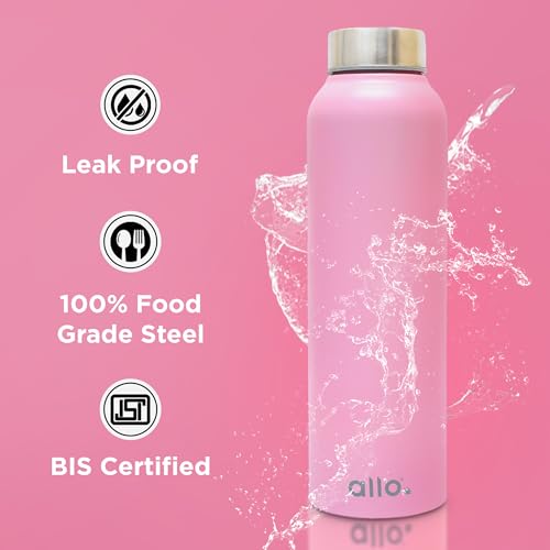 Image of Allo Stainless Steel Water Bottle For Adults, Kids 1 Litre Water Bottles For School, Office, Sports, Gym 1L Water Bottle For Men And Women, Pack Of 2 | Leak Proof & Bpa Free, Pink Steel Cap