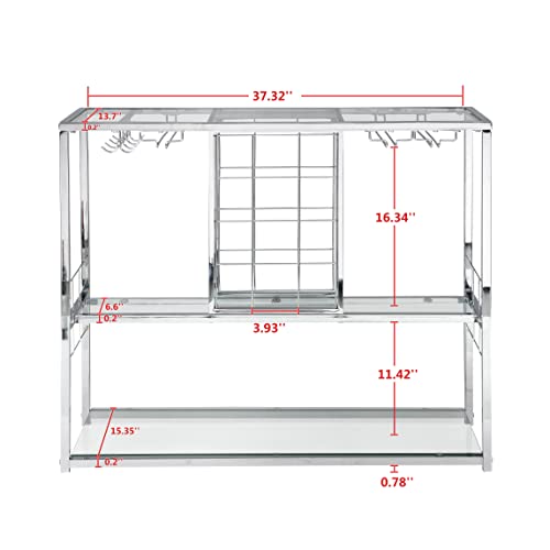 Glass Wine Rack Table With Glass Holders&Wine Racks, Wine Bar Cabinet With Storage, 3-Tier Liquor Bar For Home Kitchen Dining Room With Tempered Glass Shelves&Chrome-Finished Legs #TOP2