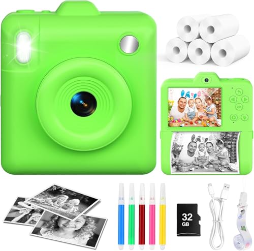 Appareil Photo Instantané Enfants - 1080P HD 2,4' Appareil Photo Enfant Selfie Caméra Vidéo avec Papier d'impression et Carte 32GB,Cadeau Jouet de Noël pour Filles et Garçons 3 à 12 Ans,Vert