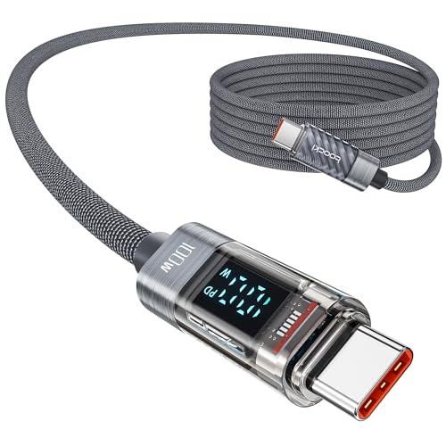 toocki 100W USB C Cable, 6.6FT Type C PD 5A Fast Charging USB C Cable with LED Display Nylon Braided Charger Cord Compatible with iPhone 16 15 Pro Max Plus, MacBook, iPad, Galaxy S24 S23 S22, Pixel