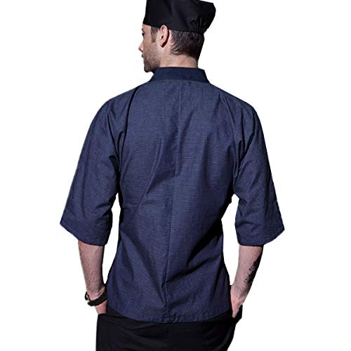 Men's Japanese Blue Stripe Chef-Coat 3/4 Sleeve Kimono Restaurant Chef Jacket