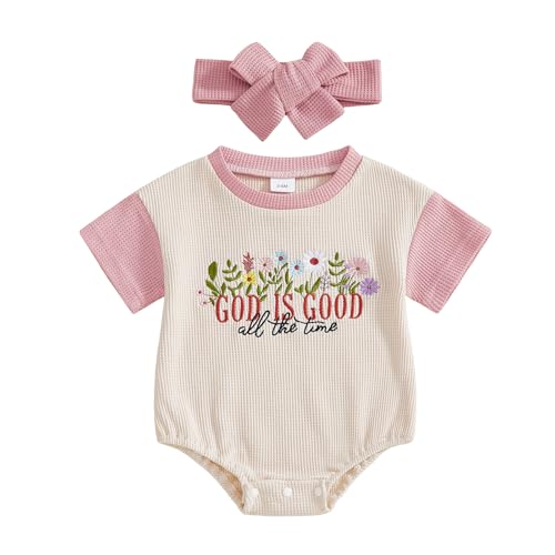 Doqcey Baby Girl Christian Clothes God is Good Embroidery Bubble Romper Waffle Short Sleeve T-Shirt Bodysuit Summer Outfits (Apricot 6-12 Months)