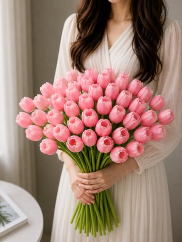 Image of Pink Olive 10 Pc Pink Tulip Flower | Natural Flower Feel & Soft Touch | Material: PU | Washable, No Fading Elegant Floral Decor for Home, Office, Living Room & Modern Interior Styling