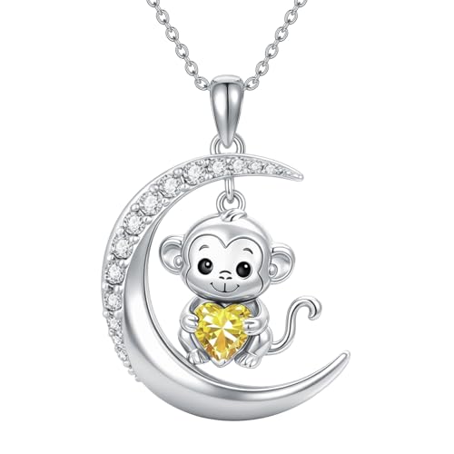 Image of PROESS Animal Birthstone Necklace 925 Sterling Silver Otter /Axolotl /Hippo /Elephant /Dachshund /Monkey /Red Panda Pendant Necklace Animal Birthstone Jewelry Gifts for Women