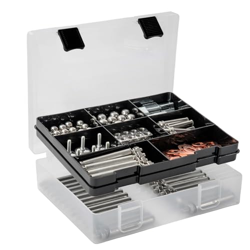 Image of OffiXymeric Plastic Storage Bin with Clear Lid and Removable Tray, Perfect for Craft Supplies, Art Tools,Beads, Stackable Organizer with Portable Handle, Durable Design for Home or Office Use (Black)