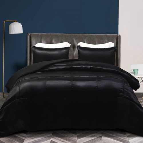 Whale Flotilla 3-Piece Reversible Silky Soft Queen Comforter Bedding Set Luxurious Satin Comforters Full Size with 2 Satin Pillowcases Lightweight Duvet for All Seasons Black