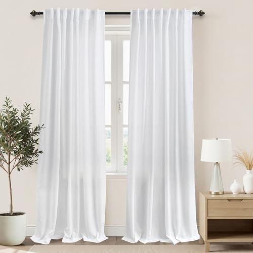 KOUFALL 92 Inch Curtains for Living Room,Light Filtering Farmhouse Boho Linen White Semi Sheer Curtain Drapes 92 Inches Long for Bedroom 2 Panels Set