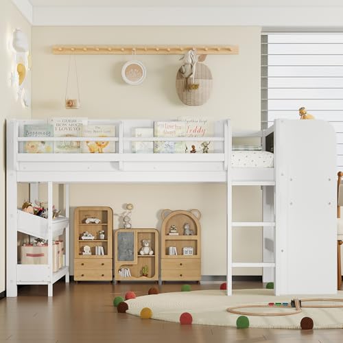 Image of Twin Loft Bed with Multi-Storage Bookcases, Boxes and Drawers, Solid Wood Low Loft Beds with Desk and Blackboard, No Box Spring Needed (White-01)