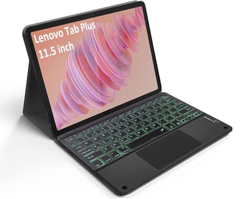 Image of HOM Tri Fold 7-Colour Backlight Detachable Wireless Bluetooth Keyboard with Trackpad /Touchpad & Tablet Cover Case for Lenovo Tab Plus 11.5 inch - Black