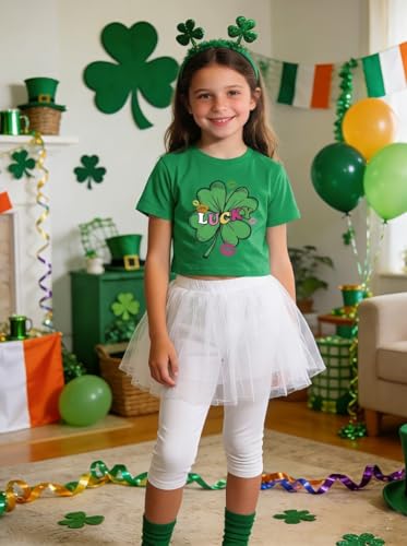 Image of Girls Crop Tops St Patricks Day T-Shirts Lucky Clover Short Sleeve Shirts Kids Shamrock Tees 5-14 Years