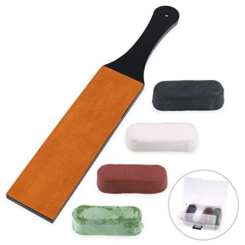 Hilitchi 5 Pcs Leather Stropping Kit Includes Double Sided Wide Leather Strop Board Paddle and 4 Pcs Polishing Compounds for Leather DIY Crafts Knife Razor Sharpening Jewelry Metal Polishing and More
