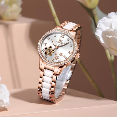 Image of OLEVS Womens Watches Automatic Luxury Dress Ladies Watch Ceramic Strap Rose Gold Self Winding Female Wrist Watch