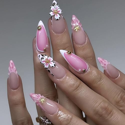 Image of Flower Press on Nails Pink French Tip Fake Nails Medium Almond Glue on Nails with Ocean Shell Design Glossy False Nail Artificial Acrylic Full Cover Summer Stick on Nail for Women Manicure 24Pcs