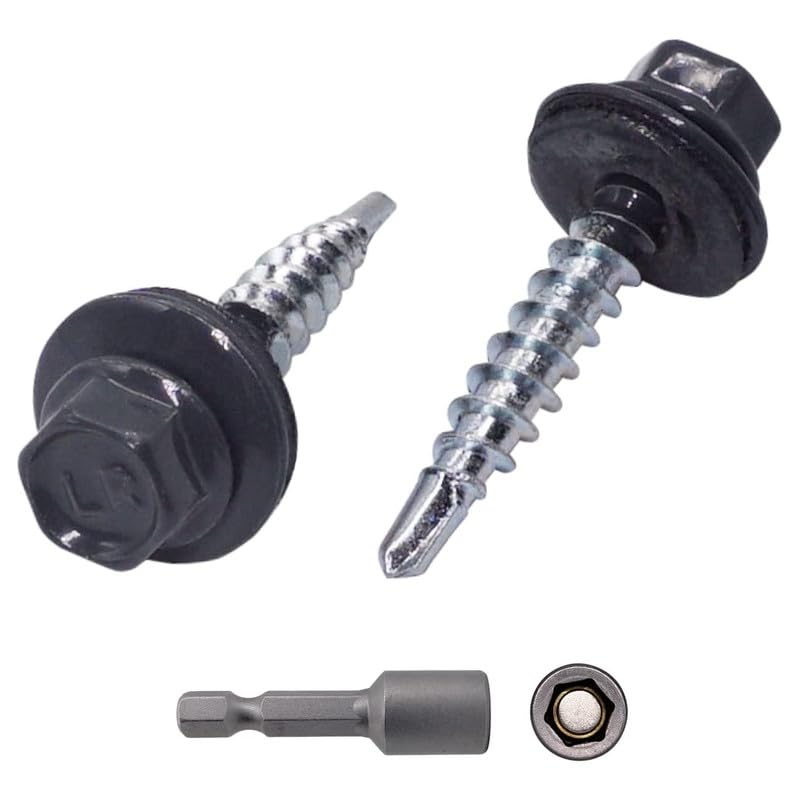 (Pack of 250 pcs) Metal Roofing Screws, 3/16 x 1-3/8 (4.8 x 35 mm) Painted Self-Drilling Screws with EPDM Washers, Sheet Metal Hex Screw, Jet Black RAL 9005