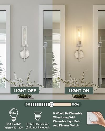 Image of Modern Wall Sconces Set of 2, Brushed Nickel Bathroom Vanity Sconces with Square Clear Glass Shade, Wall Mount Lights for Mirror Bedroom Hallway, Upward Lighting Only, E26 Base, VL262-BN-2PK