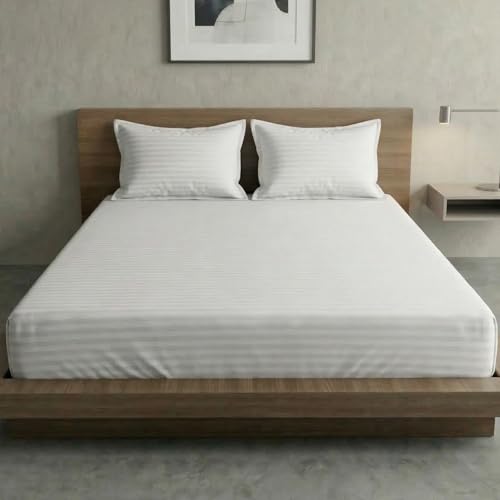 Image of Home Sizzler 300TC Cotton White Satin Striped Double Bedsheet with 2 King Size Pillow Covers, 90 inchX92 inch