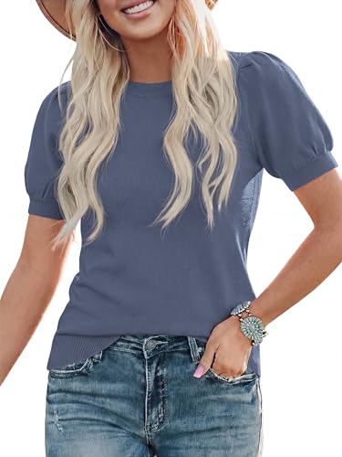 Image of PRETTYGARDEN Womens Sweaters Spring 2026 Summer Puff Short Sleeve Sweater Trendy Cute Knit Work Blouses Business Casual Tops