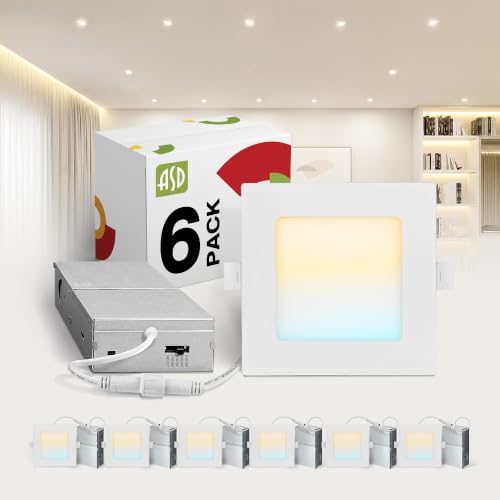 ASD 6 Pack LED Square Recessed Lighting 4 Inch, 5CCT 2700K-5000K CRI90+, Dimmable Ultra-Thin Canless Wafer Lights, IC Rated Ceiling Light Fixtures with Junction Box, ETL Energy Star, White