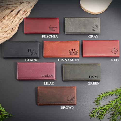 FRED PARKER Custom Leather Wallet for Women – Personalized Cowhide Long Wallet, Handmade Trifold Wallet with Card Slots, Stylish Gift for Her (Customizable, Gray, 7.8x3.7)4