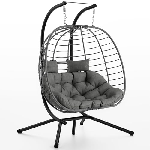 Amopatio Double Egg Chair with Metal Stand & Cushion, 2 Seaters Rattan Wicker Swing Chair Indoor Outdoor, Foldable Hanging Chair for Garden,Patio, Balcony, Porch, Grey 9 Amopatio Double Egg Chair with Metal Stand & Cushion, 2 Seaters Rattan Wicker Swing Chair Indoor Outdoor, Foldable Hanging Chair for Garden,Patio, Balcony, Porch, Grey - Image 9