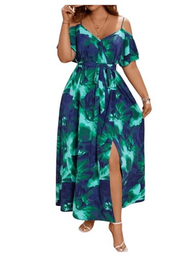 Image of Floerns Women's Plus Size Cold Shoulder Short Sleeve Split Thigh Long Dress