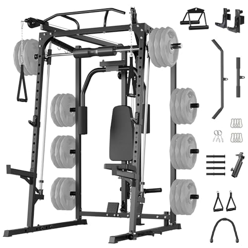 Smith Machine Home Gym, 2000 Lbs Multi-Function Power Cage Squat Rack with Smith Bar, Cable Machine, 2 LAT Pull-Down Systems, All in One Home Gym System with 8 Weight Storage Pins and More