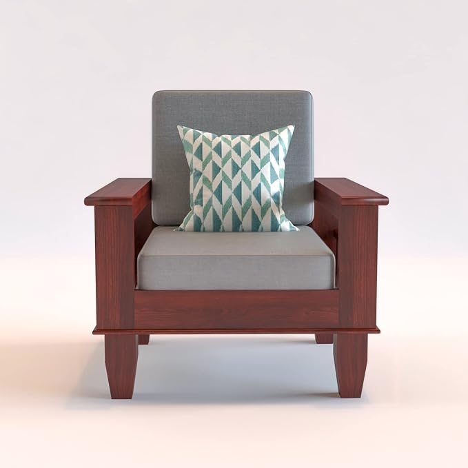 Image of Sheesham Wooden 1 Seater Sofa for Living Room | Rosewood 1 Seater Cushion Sofa with Side Newspaper Holder for Home & Office | Solid Wood Sofa Set for Lounge (Mahogany Finish)