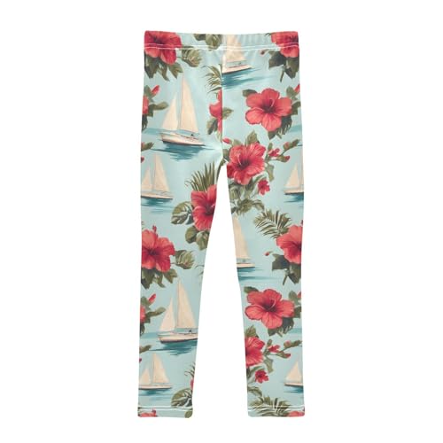 Red Hibiscus Flower Boat Girls Leggings Soft Stretch Workout Yoga Dance Pants for Kids Casual Tights2