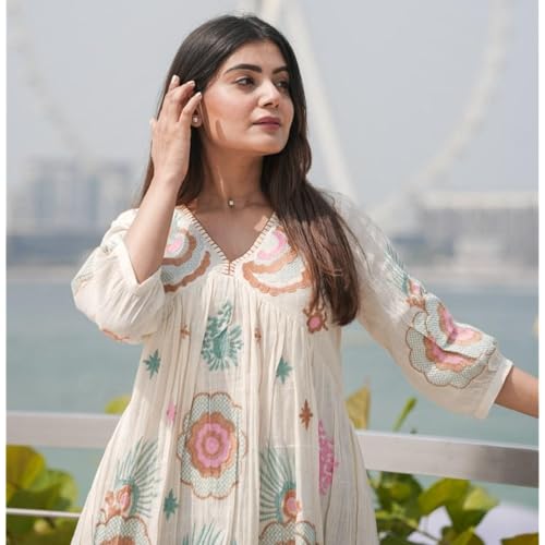 Image of Women's Off-White Cotton Embroidered Short Dress, Petal Stitch Detailing, Half Sleeves, A-Line Fit