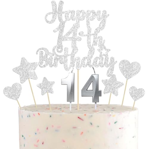 Gyufise 15Pcs Happy 14th Birthday Cake Topper Set with Heart Star Glitter Cheers to 14 Years Cake Picks Number 14 Candles Cake Decorations for Happy 14th Birthday Anniversary Party Supplies Silver