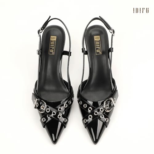 Image of IDIFU IN3 Slingback Kitten Heels for Women Stiletto Heel Closed Pointed Toe Pumps Buckle Straps Dress Shoes Sexy Prom Party Work Trendy Fashion Comfortable Pumps Dressy Shoes