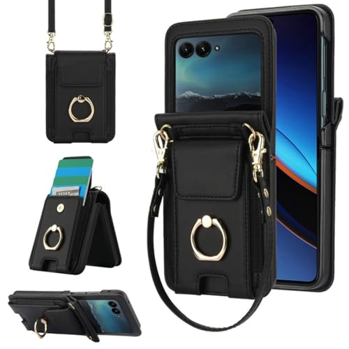 Coque Motorola Razr 60 Ultra en cuir noir avec anneau et porte-carte