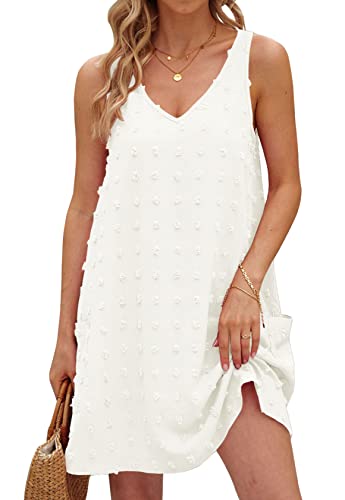 TECREW Women's Summer Sleeveless V Neck Tank Dress Swiss Dot Beach Cover Up Mini Dress with Pockets