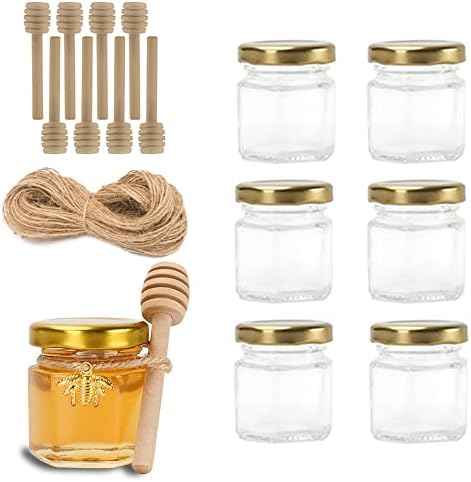 Rormket 1.5oz 6Pack Mini Glass Hexagon Jars Gold Lids, Bee Charms Honeybee Pendant, Honey Dipper Sticks, Jute Tag String，Wedding Baby Show Thank You Party Favors Gifts, Crafts Canning Glasses Jar