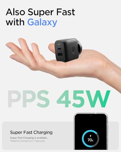 Image of Spigen Fast Charging Adapter, GaN Charger, Total 45w, PD /PPS Support, BIS Certified for iPhone 17 /16 /15(Pro,Pro Max,Plus), Galaxy S26 /S25 /S24, iPad, MacBook Air and More (PE2304IN) - Black