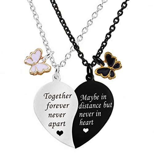 MJartoria BFF Necklace for 2-Valentines Heart Matching Necklace Best Friends Pendant Friendship Necklace Set of 2 Gifts for Women (Silver+Black, together forever-butterfly)