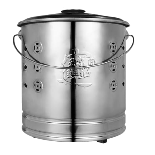NIGOE焼却炉 家庭用 ドラム缶焼却炉 蓋とハンドル付き ステンレス インナータンク付 燃焼バケツ 紙、落ち葉、木のゴミを燃やすのに使用されるパターン付き 家庭用 大型 小型 (直径26.5CM 高さ30CM,シルバー)