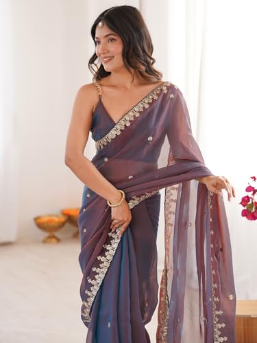 Image of AKHILAM Women's Shimmer Chiffon Sequence Embroidery Saree With Unstitched Blouse Piece(AARYAN21601 KR Parent)