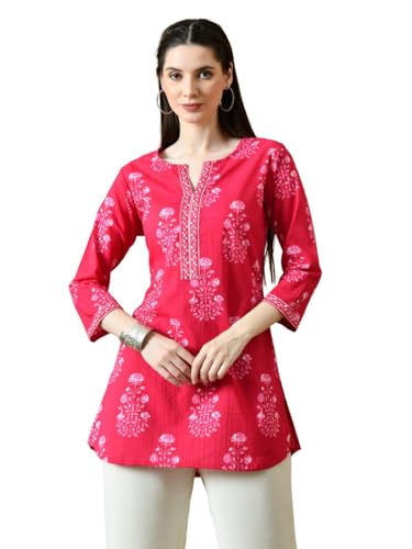 Image of Amazon Brand - Tavasya Women Floral Printed Round Neck Pure Cotton Regular Fit Kurti | Everyday & Office Wear Kurta | Modern Ethnic Top