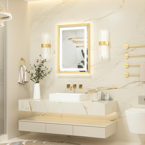 Keonjinn Gold Bathroom Mirror with Led Lights 50x70cm, Antifog Vanity Mirror Gold Frame Back and Front Lit 3 Colour Dimmable Illuminated Wall Mounted Rectangle Digital Mirrors - Image 9