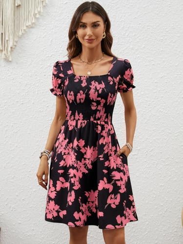 Image of Berydress Women's Summer Dresses 2026 Pockets Short Sleeve Square Neck Flowy A Line Casual Boho Smocked Mini Sun Dress