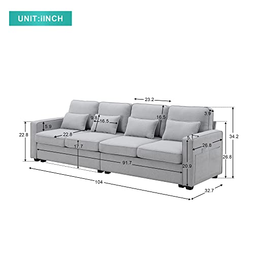Kevinplus 104" Sectional Sofa Couch For Living Room, Modern 4-Seater Upholstered Sofa Contemporary Couch With Armrest Pockets & 4 Throw Pillows For Apartment Office, Linen Fabric, Light Grey #TOP1