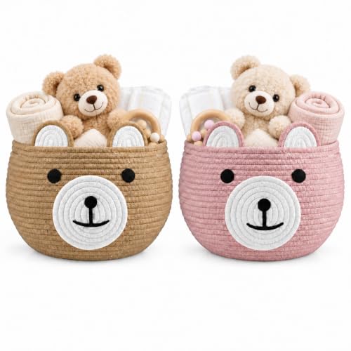 PandaEar 2 Pack Cotton Rope Baby Basket, Baby Gift Basket Nursery Laundry Organizer with Cute Bear Design for Storage Infant Newborn Essentials, Diaper Caddy with Handle