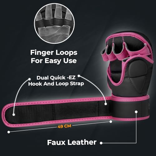 Islero Fitness Matte Black MMA Gloves Martial Arts Mitts Grappling Sparring Men Muay Thai Cage Fighting Boxing Combat Sports Women pink UFC Punching Bag Training (Pink, Large) - Image 3