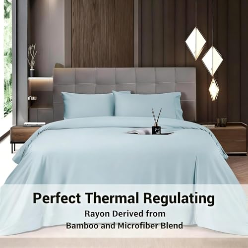 Image of Shilucheng 4 Piece Queen Sheet Sets, Cooling Sheets, Blend Rayon Derived from Bamboo, Deep Pocket Up to 16 inch, Breathable & Soft Bed Sheets, Hotel Silky Bedding Set, Spa Blue