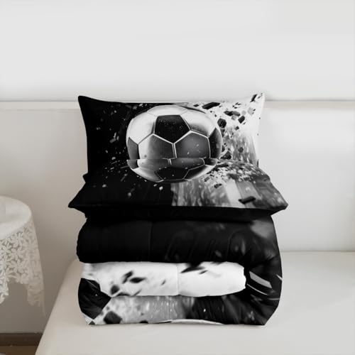 Image of Feelyou 3D Soccer Comforter Set Toddler Size Football Sport Theme Bedding Set for Kids Boys Girls Black Silver Duvet Quilt Bedroom Decor Microfiber 2 Pcs with 1 Pillow Cases