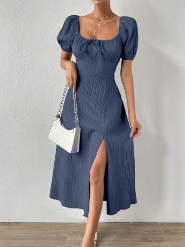 Image of Shasmi Women's & Girl's Tie Front Split Thigh Milkmaid Maxi Dress - Square Neck Puff Sleeve A-Line Long Dress, Elegant Casual & Parties Wear for Ledies (Dress 245)
