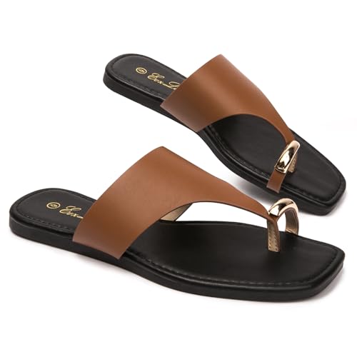 Image of Eozlink Women's Toe Ring Flat Sandals, Slip On Dressy Summer Slides | PU upper with square toe and metal accent for resort and casual outfits